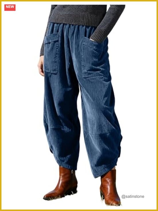 Pants - Corduroy Wide Leg Barrel Pants High Rise Elastic Waist Casual Trousers Pockets